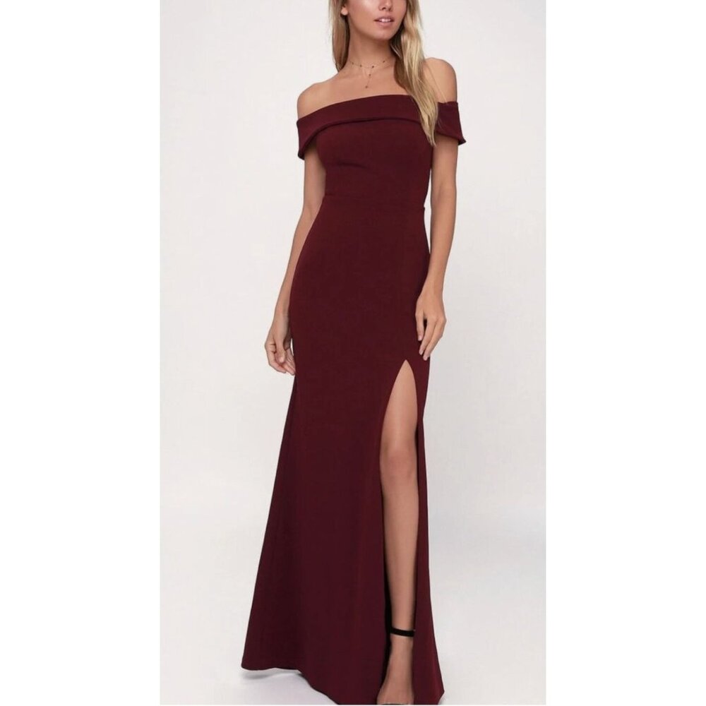Lulus Aveline Burgundy‎ Off-the-Shoulder Long Gown High Slit Maxi Dress Size M